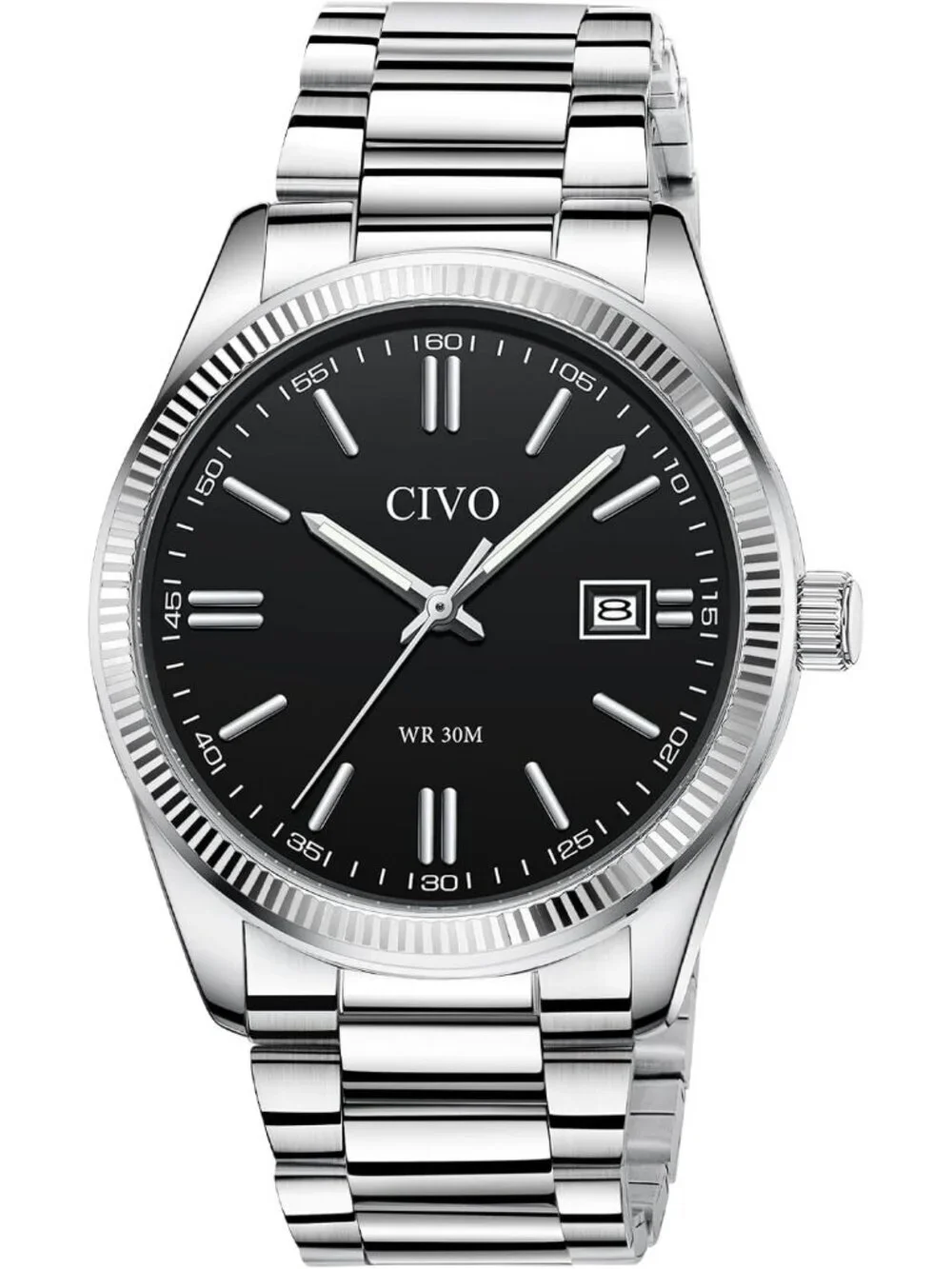 Men Silver Black Analog Quartz Skeleton Stainless Steel Round Casual Wrist Watch